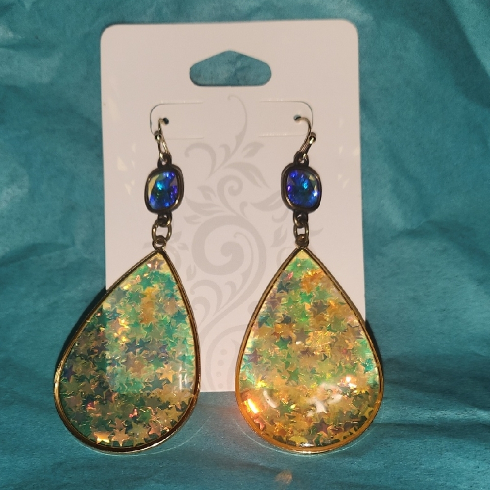Elegant Gold and Blue Starry Teardrop Earrings